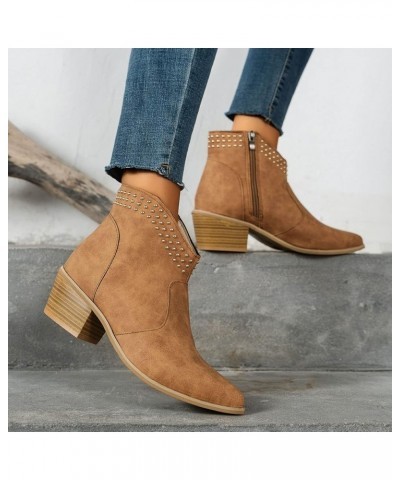 Ladies British Style Solid Color Pointed Side Zipper Thick Heel Boots for Women Low Heel Arch Support Brown $16.94 Boots