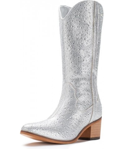 Women Rhinestone Cowboy Boots Sparkly Western Cowgirl Boots Embroidered Knee High Chunky Heel Mid Calf with Side Zipper Slive...