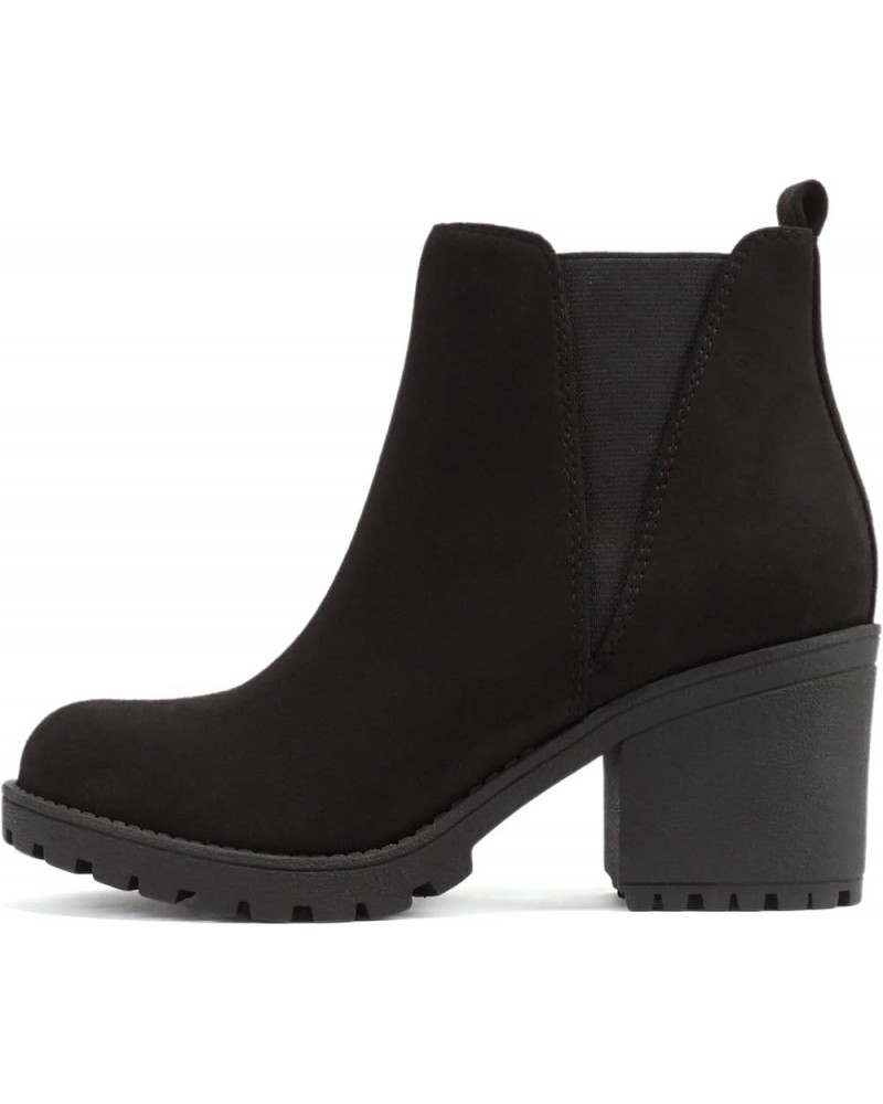 ORIGAMI ~ WOMEN LUG SOLE MID HEEL FASHION ANKLE BOOTIE W/DOUBLE ELASTIC GORE Black Suede $13.64 Boots