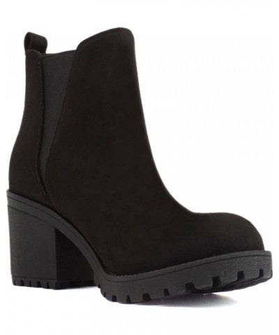 ORIGAMI ~ WOMEN LUG SOLE MID HEEL FASHION ANKLE BOOTIE W/DOUBLE ELASTIC GORE Black Suede $13.64 Boots