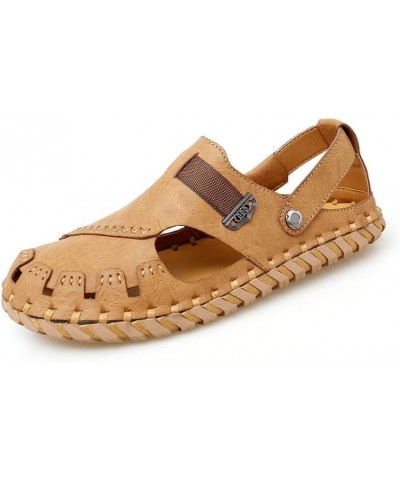 Summer Sandals For Men Perforated Beach Shoes With Woven Belt Microfiber Leather Closed Toe Rivet Flat Anti-slip Brown $39.23...