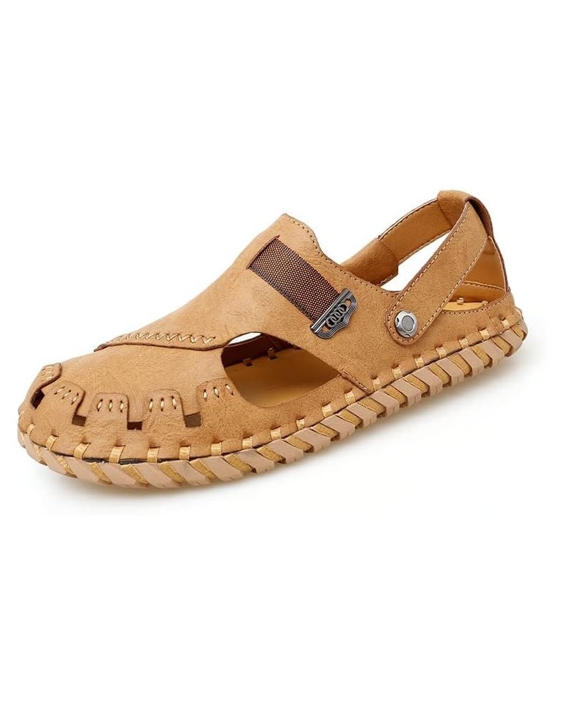 Summer Sandals For Men Perforated Beach Shoes With Woven Belt Microfiber Leather Closed Toe Rivet Flat Anti-slip Brown $39.23...