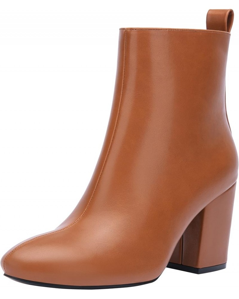 Women's 9637 Block Heel Ankle Boots, Fashion Dress Round Toe Booties with Side Zipper Block Heeled Boots-9637-brown $21.45 Boots