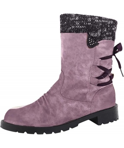 Women Fashion Casual Vintage Retro Mid-Calf Boots Lace Up Thick Heels Shoes Winter Leather Boot Purple $23.61 Boots