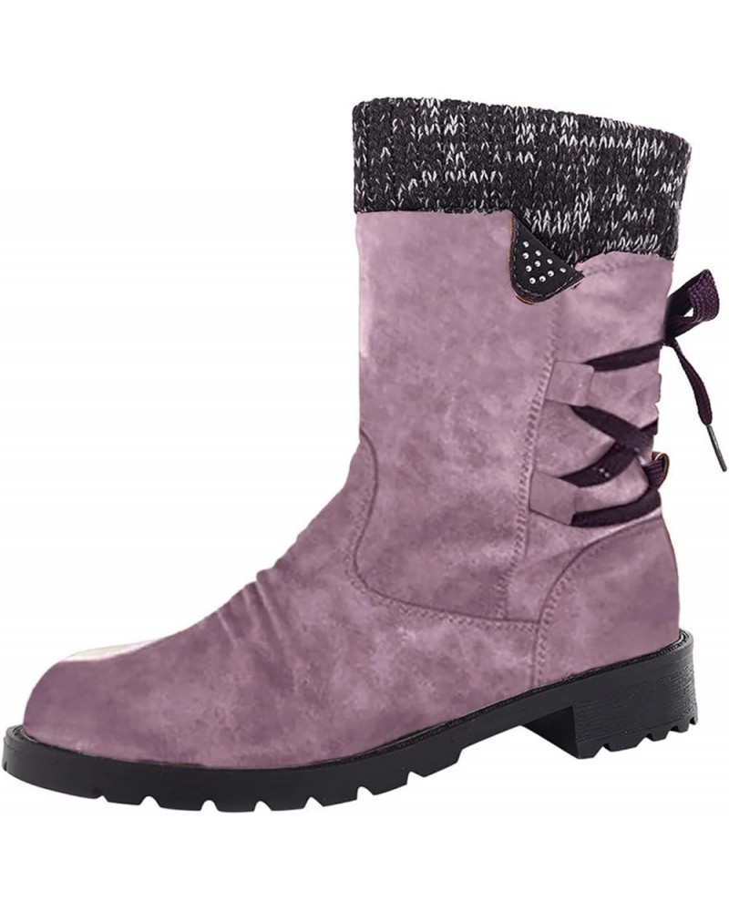 Women Fashion Casual Vintage Retro Mid-Calf Boots Lace Up Thick Heels Shoes Winter Leather Boot Purple $23.61 Boots