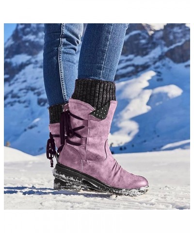 Women Fashion Casual Vintage Retro Mid-Calf Boots Lace Up Thick Heels Shoes Winter Leather Boot Purple $23.61 Boots