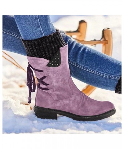 Women Fashion Casual Vintage Retro Mid-Calf Boots Lace Up Thick Heels Shoes Winter Leather Boot Purple $23.61 Boots