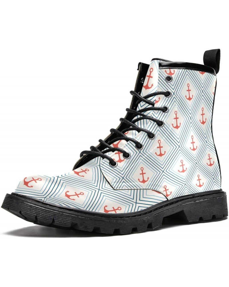 Anchor Shape Line Hiking Work Boots High Top Lace Up Winter Shoes Print Men's Classic Leather Boots Slip 7 Teen Snow Boot Cas...