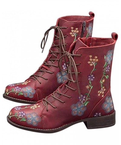 Women's Short Boots Leather Lace Up Chunky Low Heel Flower Embroidery Side Zipper Vintage Dressy Ankle Red $23.88 Boots