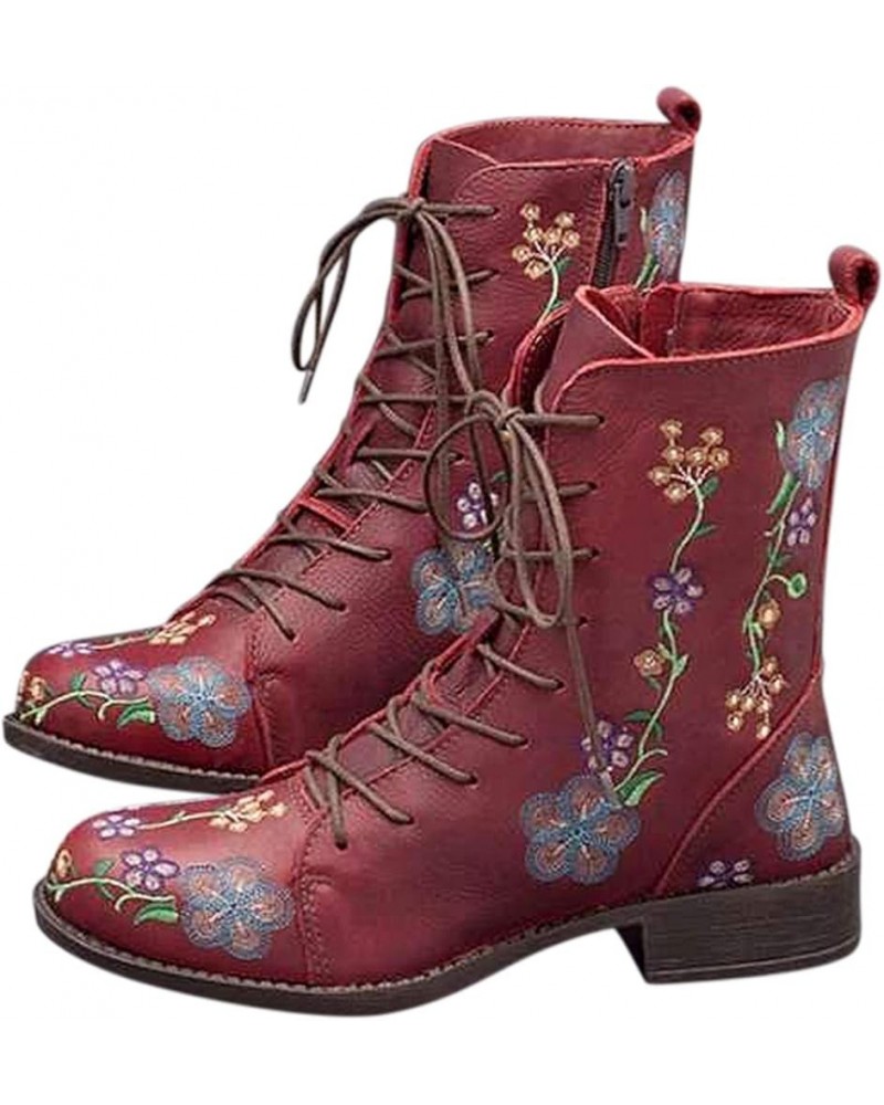 Women's Short Boots Leather Lace Up Chunky Low Heel Flower Embroidery Side Zipper Vintage Dressy Ankle Red $23.88 Boots