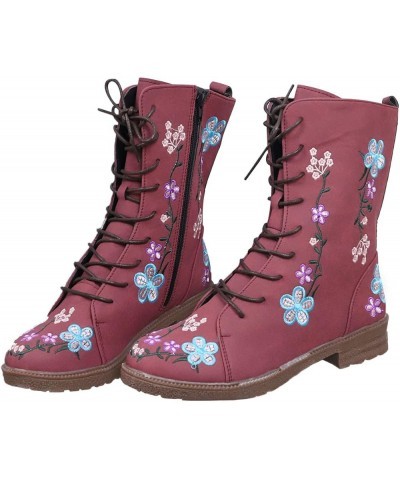 Women's Short Boots Leather Lace Up Chunky Low Heel Flower Embroidery Side Zipper Vintage Dressy Ankle Red $23.88 Boots