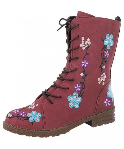 Women's Short Boots Leather Lace Up Chunky Low Heel Flower Embroidery Side Zipper Vintage Dressy Ankle Red $23.88 Boots