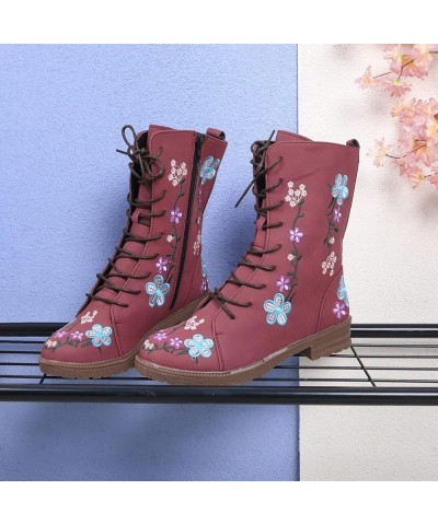 Women's Short Boots Leather Lace Up Chunky Low Heel Flower Embroidery Side Zipper Vintage Dressy Ankle Red $23.88 Boots