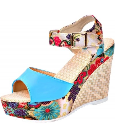 Casual Sandals Women Wedge Heel Sandals for Women Fashion Strap Open Toe Slippers Casual Beach Sandals Blue $14.05 Sandals