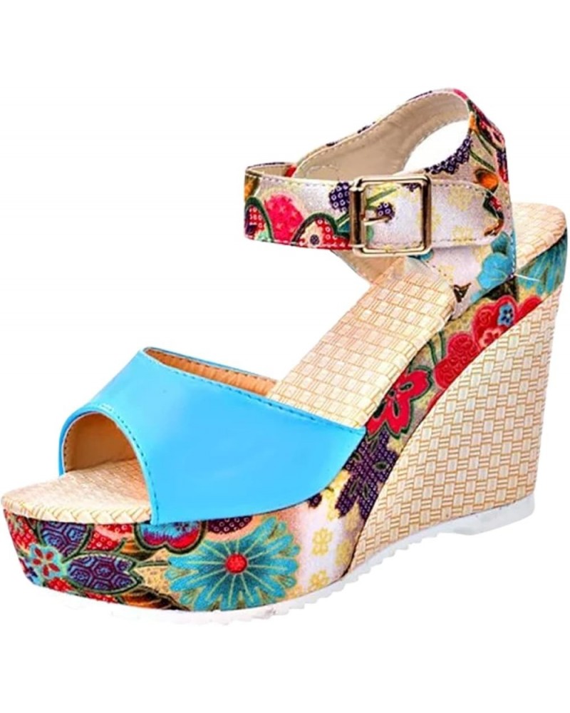 Casual Sandals Women Wedge Heel Sandals for Women Fashion Strap Open Toe Slippers Casual Beach Sandals Blue $14.05 Sandals