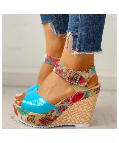 Casual Sandals Women Wedge Heel Sandals for Women Fashion Strap Open Toe Slippers Casual Beach Sandals Blue $14.05 Sandals