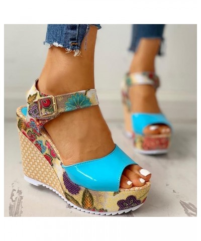 Casual Sandals Women Wedge Heel Sandals for Women Fashion Strap Open Toe Slippers Casual Beach Sandals Blue $14.05 Sandals