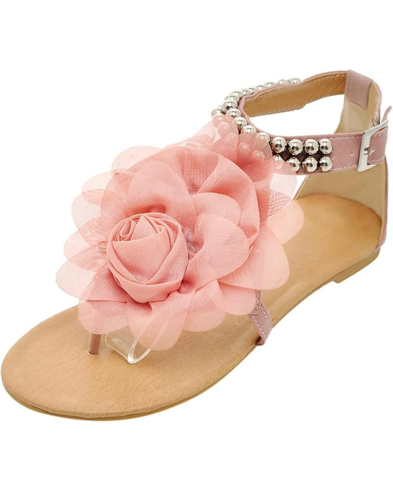 Buckle Summer Shoes Flat Strap Bohemian Style String Flower Women Bead Designer Sandals for Women Size 11 (Pink, 9) 8.5 Pink ...