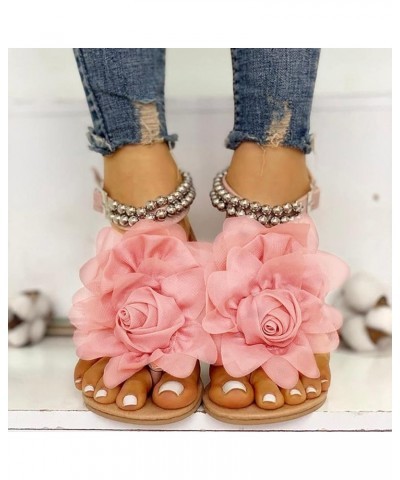 Buckle Summer Shoes Flat Strap Bohemian Style String Flower Women Bead Designer Sandals for Women Size 11 (Pink, 9) 8.5 Pink ...