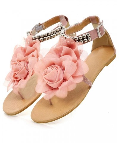 Buckle Summer Shoes Flat Strap Bohemian Style String Flower Women Bead Designer Sandals for Women Size 11 (Pink, 9) 8.5 Pink ...