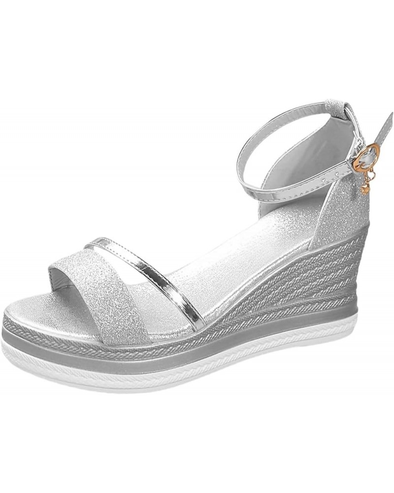 Classic Wedge Sandals for Women,Arch Support Sandals,Summer Round Toe Flat Thick Bottom Ankle Strap Low Wedge Sandals Sliver ...