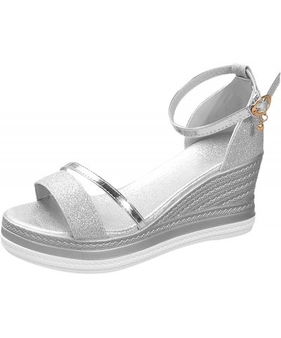 Classic Wedge Sandals for Women,Arch Support Sandals,Summer Round Toe Flat Thick Bottom Ankle Strap Low Wedge Sandals Sliver ...