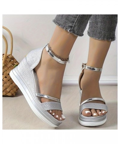 Classic Wedge Sandals for Women,Arch Support Sandals,Summer Round Toe Flat Thick Bottom Ankle Strap Low Wedge Sandals Sliver ...