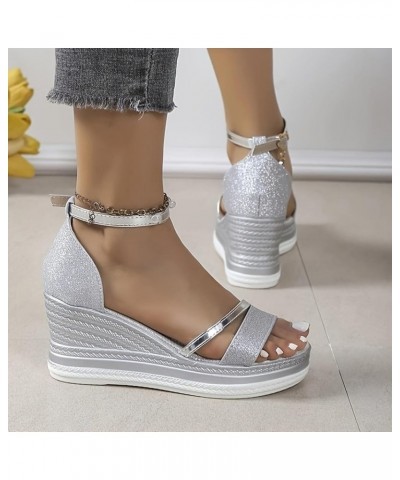 Classic Wedge Sandals for Women,Arch Support Sandals,Summer Round Toe Flat Thick Bottom Ankle Strap Low Wedge Sandals Sliver ...