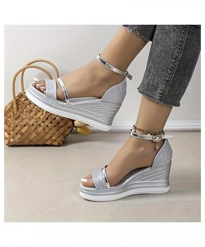 Classic Wedge Sandals for Women,Arch Support Sandals,Summer Round Toe Flat Thick Bottom Ankle Strap Low Wedge Sandals Sliver ...