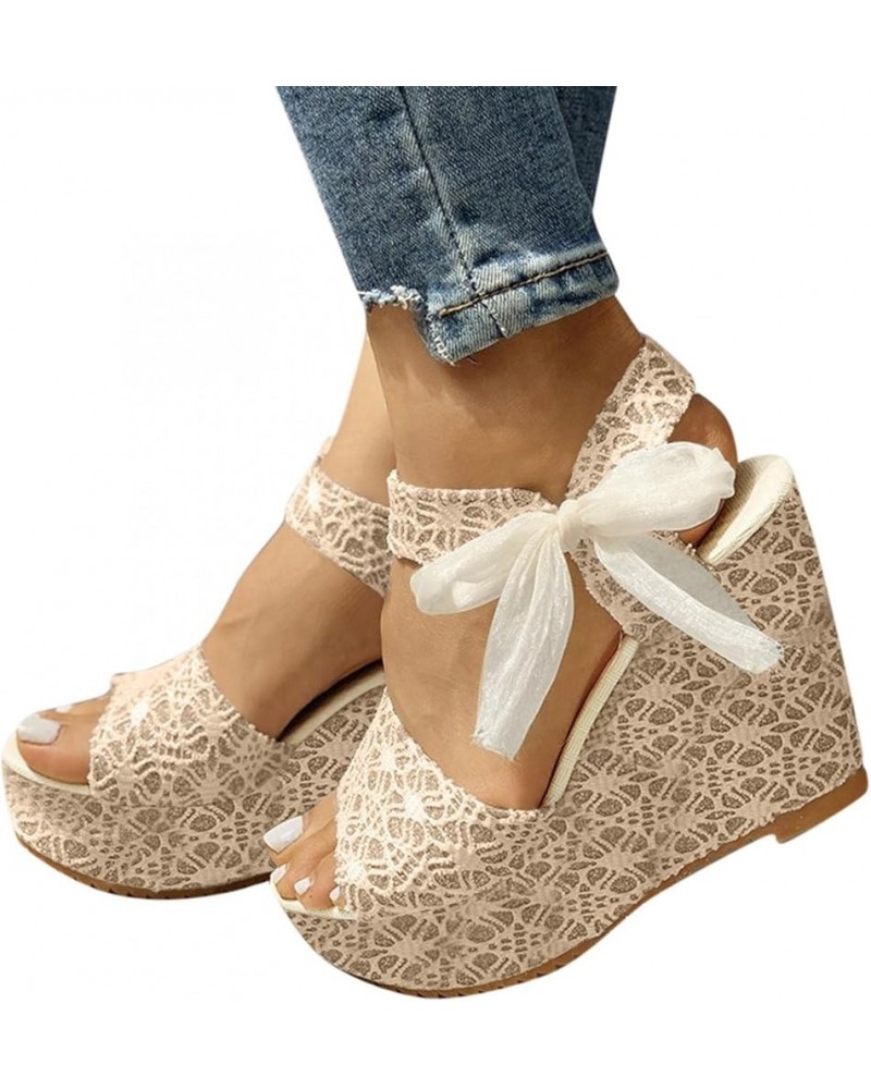 Wedge Sandals for Women,Summer Casual Retro Sandals Ribbon Wedges Heel Beach Peep Toe Espadrille Platform Sandals Z05-beige $...