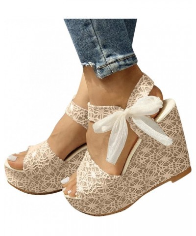 Wedge Sandals for Women,Summer Casual Retro Sandals Ribbon Wedges Heel Beach Peep Toe Espadrille Platform Sandals Z05-beige $...