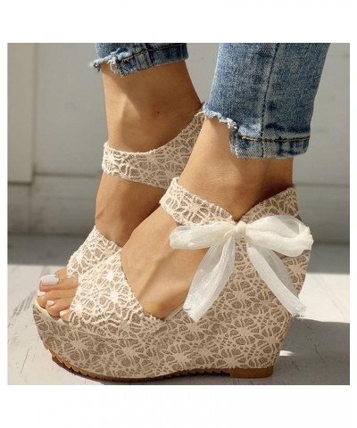 Wedge Sandals for Women,Summer Casual Retro Sandals Ribbon Wedges Heel Beach Peep Toe Espadrille Platform Sandals Z05-beige $...