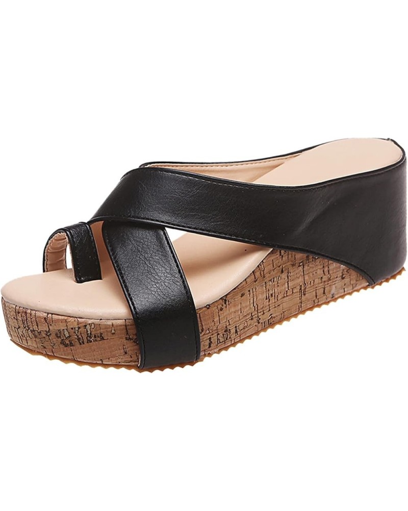 Beach Solid Breathable Sandals Wedges Shoes Color Slip-On Toe Casual Open Women Women's Wedges Black $15.99 Sandals