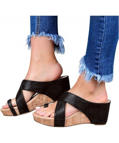 Beach Solid Breathable Sandals Wedges Shoes Color Slip-On Toe Casual Open Women Women's Wedges Black $15.99 Sandals