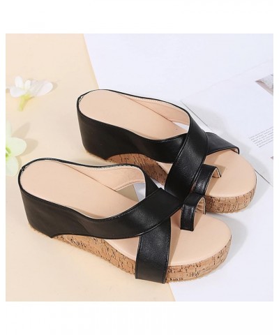 Beach Solid Breathable Sandals Wedges Shoes Color Slip-On Toe Casual Open Women Women's Wedges Black $15.99 Sandals