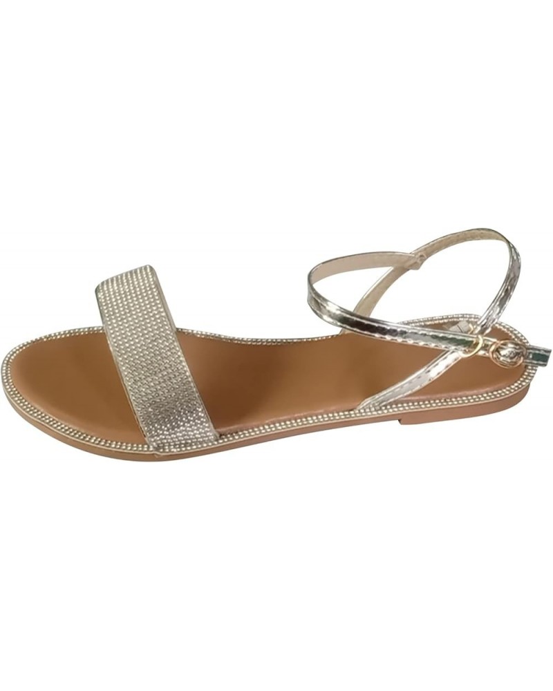 Women's Summer Flat Round Toe Sandals Outdoor Casual Crystal Buckle Strap Shoes Sandals Women Flat Silver $10.42 Sandals