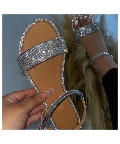 Women's Summer Flat Round Toe Sandals Outdoor Casual Crystal Buckle Strap Shoes Sandals Women Flat Silver $10.42 Sandals