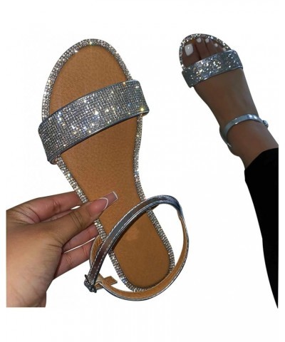 Women's Summer Flat Round Toe Sandals Outdoor Casual Crystal Buckle Strap Shoes Sandals Women Flat Silver $10.42 Sandals