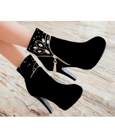 Women Suede Round toe Stiletto Heel Boots ankle-high zip Soft Breathable PU Leather Booties Black $26.40 Boots