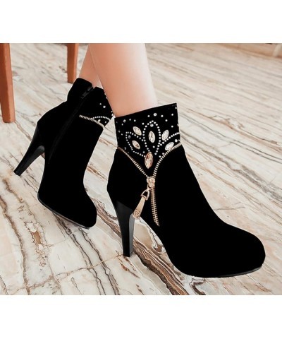 Women Suede Round toe Stiletto Heel Boots ankle-high zip Soft Breathable PU Leather Booties Black $26.40 Boots