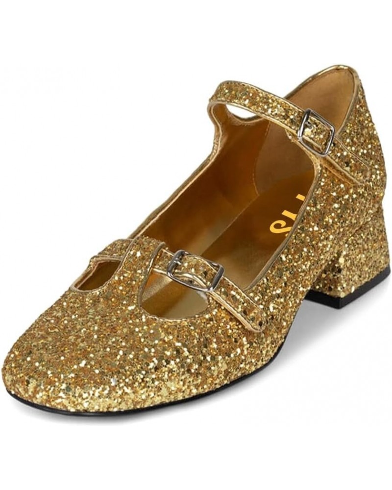 Women Sparkly Round Toe Pumps Comfortable Buckled Mary Jane Ankle Strap Block Low Heels Party Dress Shoes Size 4-16 US Gold $...