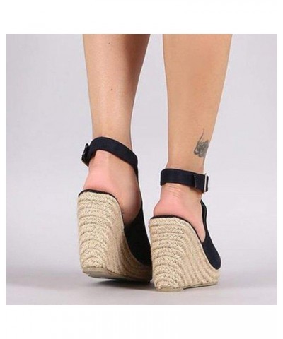 Sandals Women Dressy Summer Flat Fashion Solid Wedges Shoes Casual Sandals Strap Buckle Women's Roman Women's Sandals Black 6...