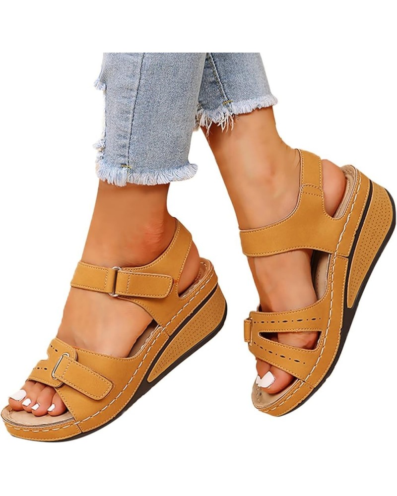 Toe Strap Sandals for Women Hook And Loop Fastener Strap Wedge Sandals For Women Ladies Girls Women's Sandals 6 Yellow ➤➤ 202...