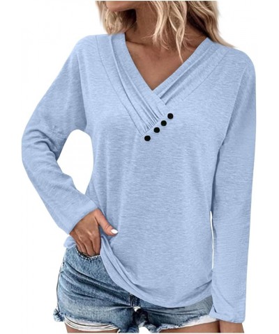 Womens Fall Fashion 2023 Long Sleeve Solid Color Pullover Chest Panel Ruched Button V Neck T Shirt Dressy Outfits 4-light Blu...