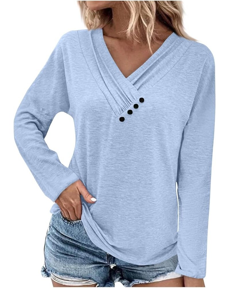 Womens Fall Fashion 2023 Long Sleeve Solid Color Pullover Chest Panel Ruched Button V Neck T Shirt Dressy Outfits 4-light Blu...