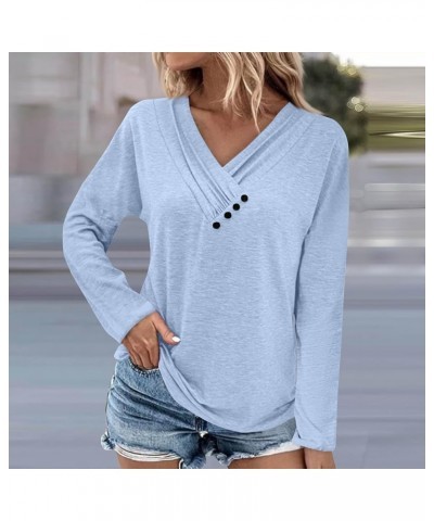 Womens Fall Fashion 2023 Long Sleeve Solid Color Pullover Chest Panel Ruched Button V Neck T Shirt Dressy Outfits 4-light Blu...