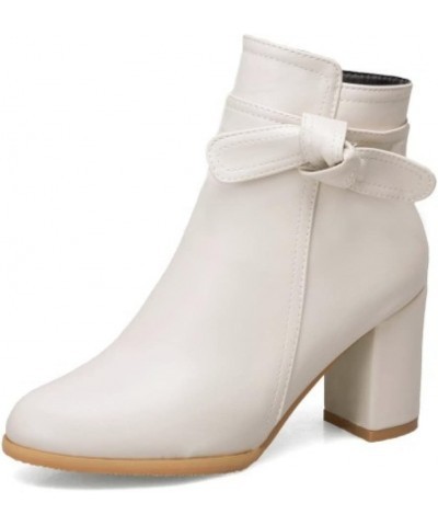 Womens Round Toe Ankle Boots Flexible Bowknot Strap Short Bootie Side Zipper Holiday Block High Heels Winter Shoes Beige $38....