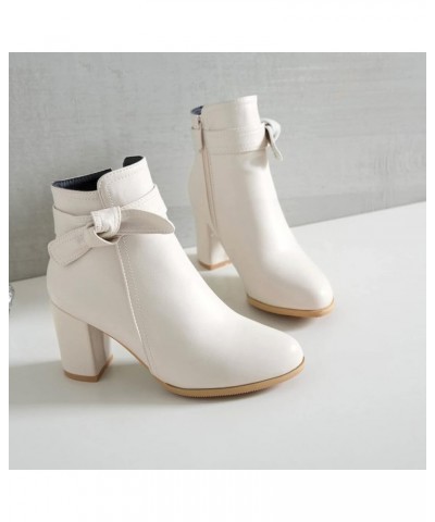 Womens Round Toe Ankle Boots Flexible Bowknot Strap Short Bootie Side Zipper Holiday Block High Heels Winter Shoes Beige $38....