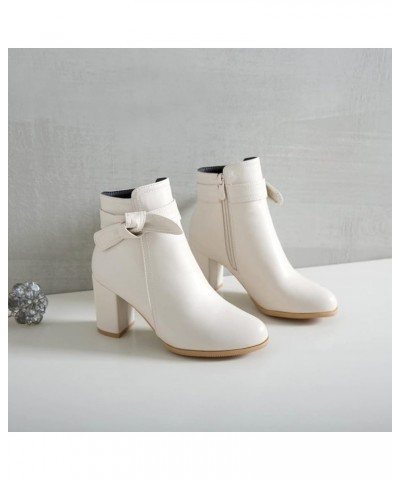 Womens Round Toe Ankle Boots Flexible Bowknot Strap Short Bootie Side Zipper Holiday Block High Heels Winter Shoes Beige $38....