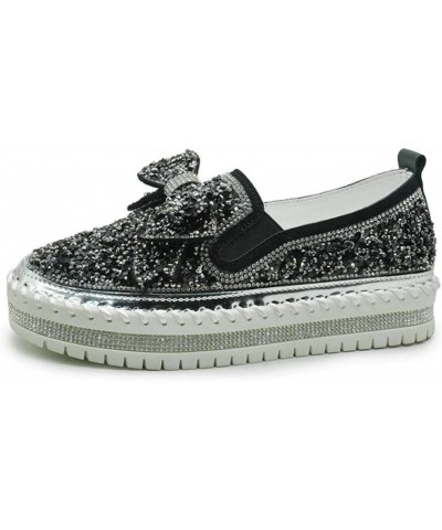 Women's Platform Rhinestones Glitter Sneaker Cute Bow Slip On Comfort Sequin Shiny Flat Loafers Casual Walking Shoes Black $2...